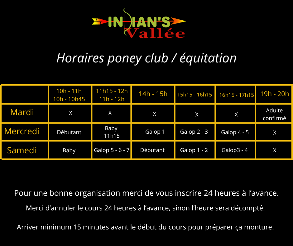 Horaires poney club / équitation 2023 / 2024